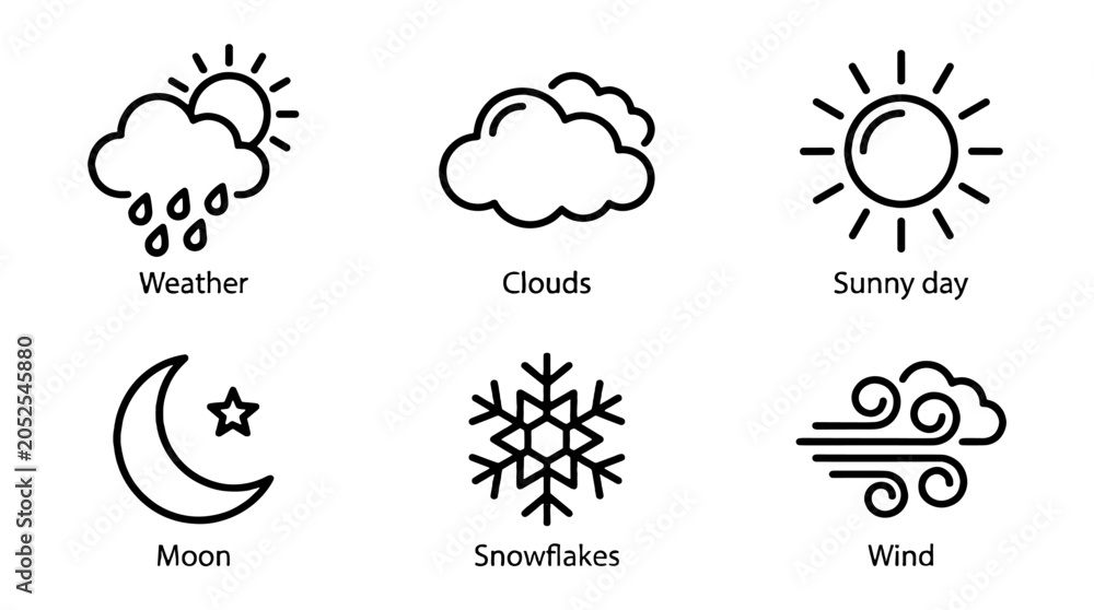 Obraz premium Set of weather line icons with sun cloud moon snowflake and wind