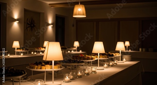 Elegant Buffet Table Setup with Warm Lighting and Food Displays.