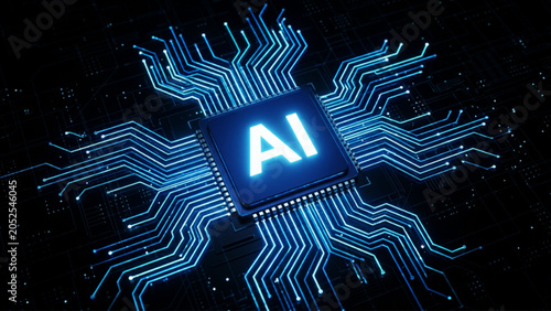 Konstfotografi Central microchip processor with glowing blue circuit lines representing artificial intelligence and advanced digital infrastructure on a dark technological background