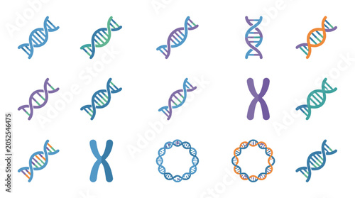 Set of colorful DNA and chromosome line icons