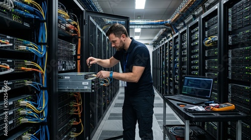 IT technician working on servers in a modern data center with rows of racks and blinking lights