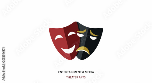 A symbol of theater arts features two masks, one happy and one sad