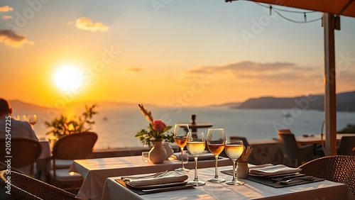 A taverna terrace overlooking the sea at sunset with golden light on glassware.
