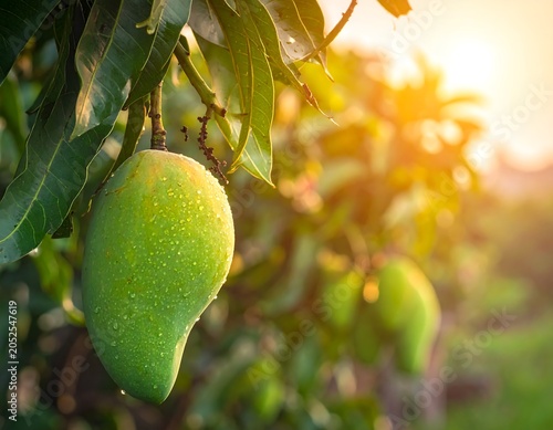 A green mango hangs from a lush tree branch
