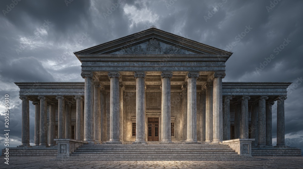 Fototapeta premium Photorealistic neoclassical museum building exterior with tall ornate columns carved pediment and wide stone staircase under dramatic cloudy sky. AI generated image