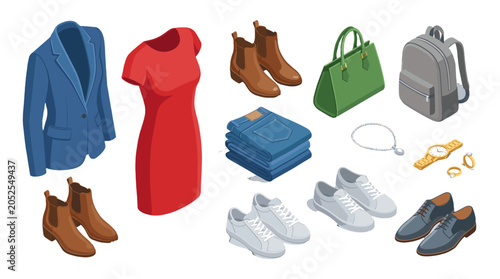 Isometric vector set of clothing, shoes, bags and accessories