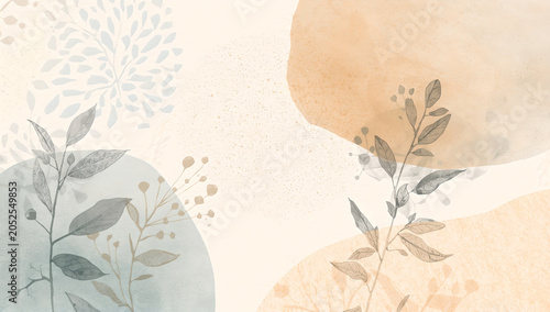 Abstract Botanical Watercolor Background with Soft Earth Tones and Delicate Floral Motifs