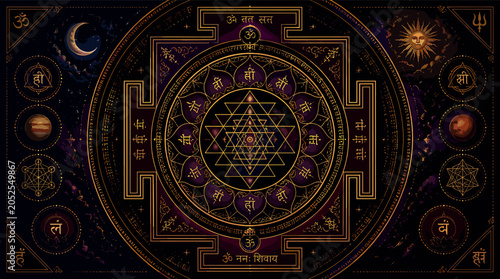 Slika na platnu Intricate Sri Yantra mandala with celestial bodies and cosmic patterns, representing spiritual and cosmic energy