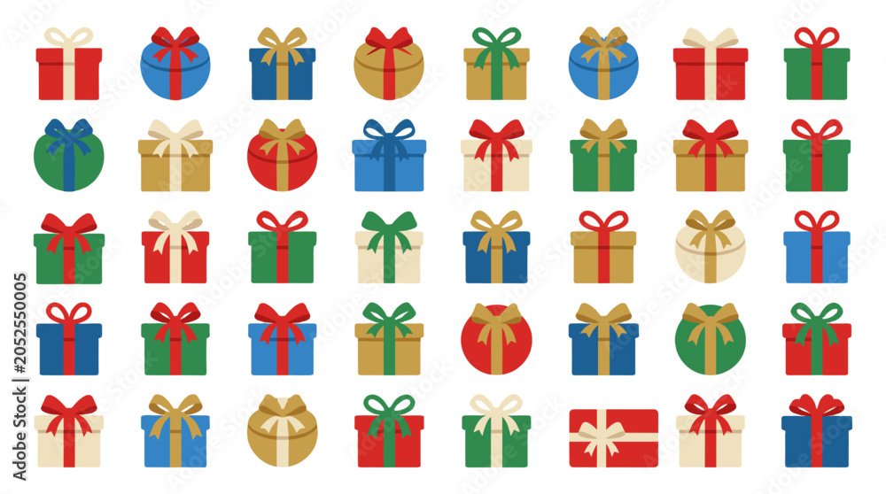 Fototapeta premium Set of colorful gift boxes and present icons on white background