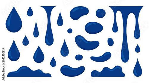 Blue liquid droplets and splash shapes isolated set