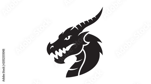 Dragon Head Logo Emblem with Sharp Fangs, Curved Horns, and Clawed Teeth in Bold Black Graphic Style
