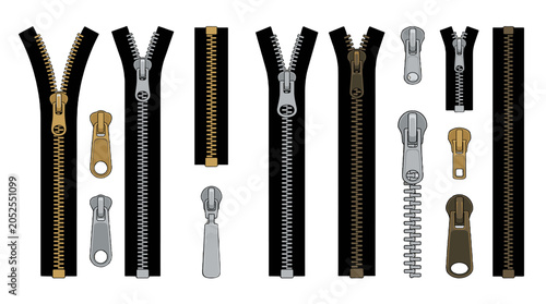 Set of zipper parts and sliders isolated on white background