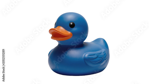 Foto Blue rubber duck toy with orange beak and black eyes