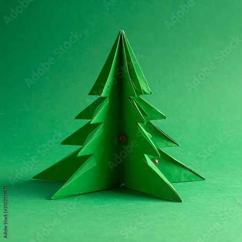 A green origami Christmas tree with folded paper branches