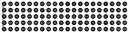 Simple bullet point number icon set. Number circle icon collection from 01 to 100, counting labels, numeric badge set. Vector illustration of 100 black bullet point numbers icons.