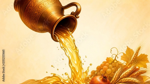 Upside-down flagon pouring golden liquid, symbolizing harvest abundance.