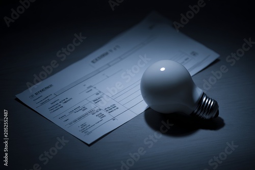 Electric light bulb on utility bill. Financial concept of rising electricity cost and energy crisis. Household budget planning and expense management for electrical power consumption.