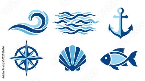 Blue nautical symbol set with wave anchor compass shell and fish