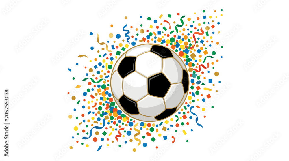 Fototapeta premium Soccer ball exploding with colorful confetti background.