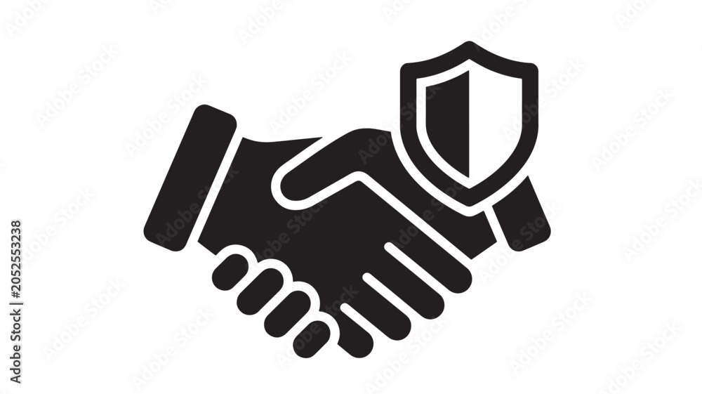 Obraz premium Handshake with Security Shield Icon, Black and White Vector Style Business Partnership and Trust Concept