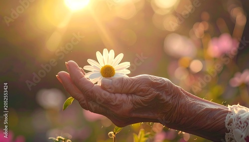 Wrinkled hand holding a daisy against the sun, floral meadow background