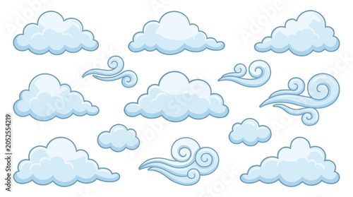 Set of blue cartoon clouds and swirling wind elements