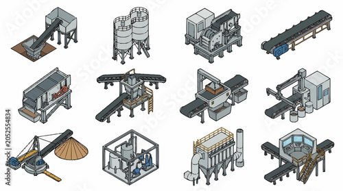 Set of isometric industrial factory equipment and manufacturing machinery icons for production lines.