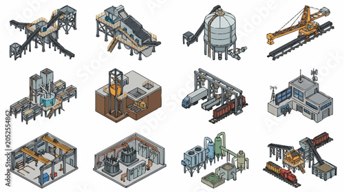 Set of isometric industrial factory and manufacturing plant facility icons for engineering design.