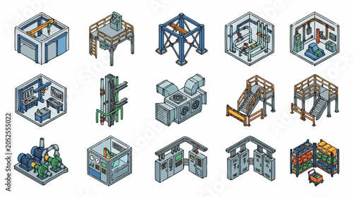 Fotografía Set of isometric industrial factory and manufacturing facility elements and equipment icons