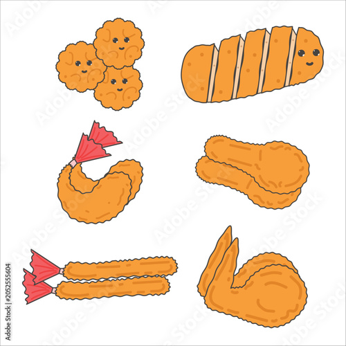 Cute Kawaii Fried Seafood Collection Vector Set with Shrimp, Fish Fillet, Nuggets and Crispy Snacks Cartoon Clipart