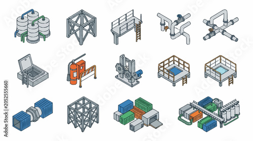Obraz na płótnie Set of isometric industrial equipment and factory infrastructure components for engineering design
