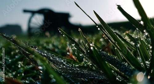 Morning dew on fresh grass with a blurred vintage artillery cannon resting in the soft golden hour glow of a peaceful meadow landscape