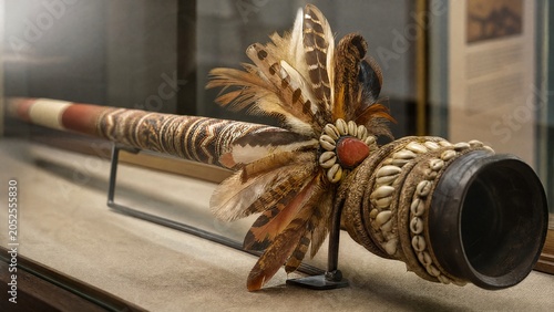 Ornate ceremonial blowpipe with feathers and shells, museum cultural display.