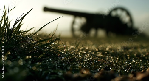 Morning dew drops glisten on green grass in the foreground with a blurred antique cannon resting in the background