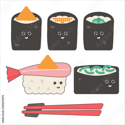 Cute Kawaii Sushi and Gunkan Roll Vector Set with Ebi Tobiko Nigiri and Chopsticks Japanese Food Cartoon Characters