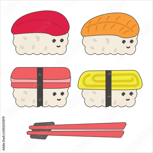 Cute Nigiri Sushi Vector Collection Tuna Salmon Tamago Japanese Food Kawaii Cartoon Characters Isolated