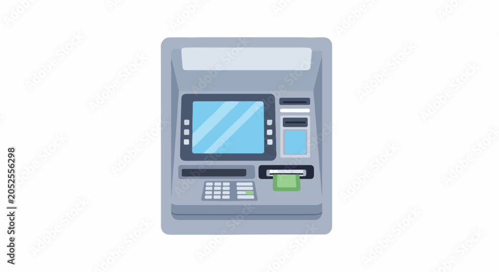 Naklejka premium Digital cash dispenser with screen, keypad, and card slot dispensing money
