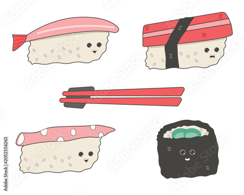 Kawaii Nigiri and Gunkan Sushi Vector Collection Cute Japanese Food Cartoon Characters Isolated Clipart