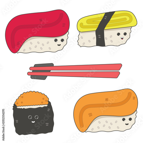 Cute Nigiri Sushi Collection Vector Set with Tuna, Salmon, Tamago, and Chopsticks Kawaii Japanese Food Clipart