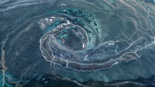 Schilderij op canvas Drone view of a large swirling sea flow with intricate patterns of white foam an