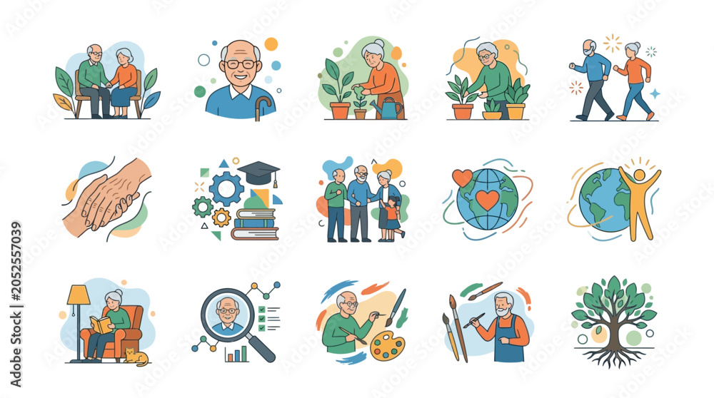 Fototapeta premium Senior Lifestyle Icons: Health, Hobbies, Family, and Community