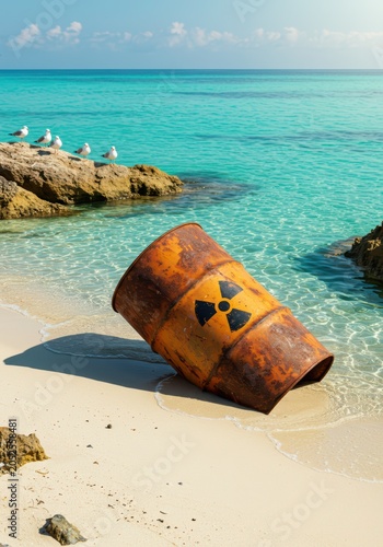 Radioactive waste barrel on sandy beach by ocean. Environmental pollution from nuclear elements and toxic waste. Ecological disaster concept. Banner for World Wildlife and Ecology Day.	

