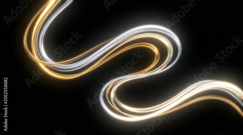 Abstract golden and silver light trails swirling elegantly against a black background, creating a sense of dynamic motion and luminous beauty.