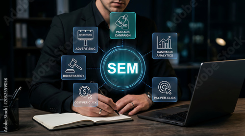 Search engine marketing SEM digital marketing strategy with laptop and paid ads campaign