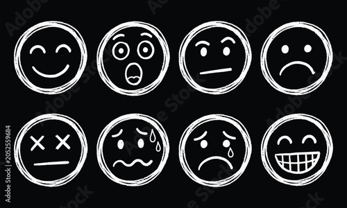 Chalk Hand Drawn Smiley Faces Emoticons Expression Set On Black Background Icon