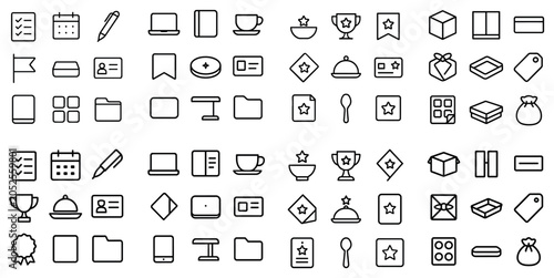 Planning and awards concept icons with calendar, trophy and box for web ui in simple vector art