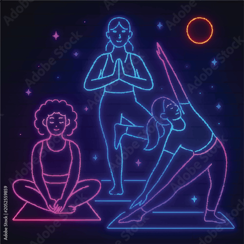 Fotografie neon illustration of girls doing yoga on the calm and peaceful place
