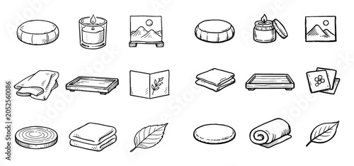 Spa and relaxation concept icons with candle, towel and leaf for presentation design in hand drawn illustration