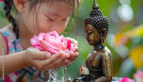 Young girl offers pink roses and water to a golden Buddha statue, set against a blurred green leafy backdrop