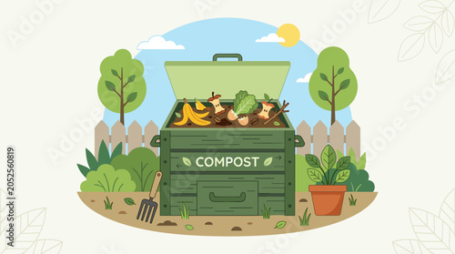 Compost bin with organic waste in a garden setting with trees and plants